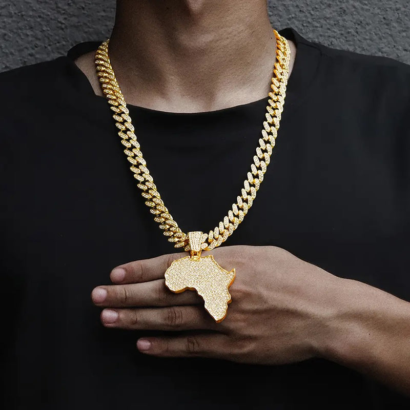 Hip hop big cuban chain with alloy and full CZ rhinestone map pendant necklace - Tuzzut.com Qatar Online Shopping
