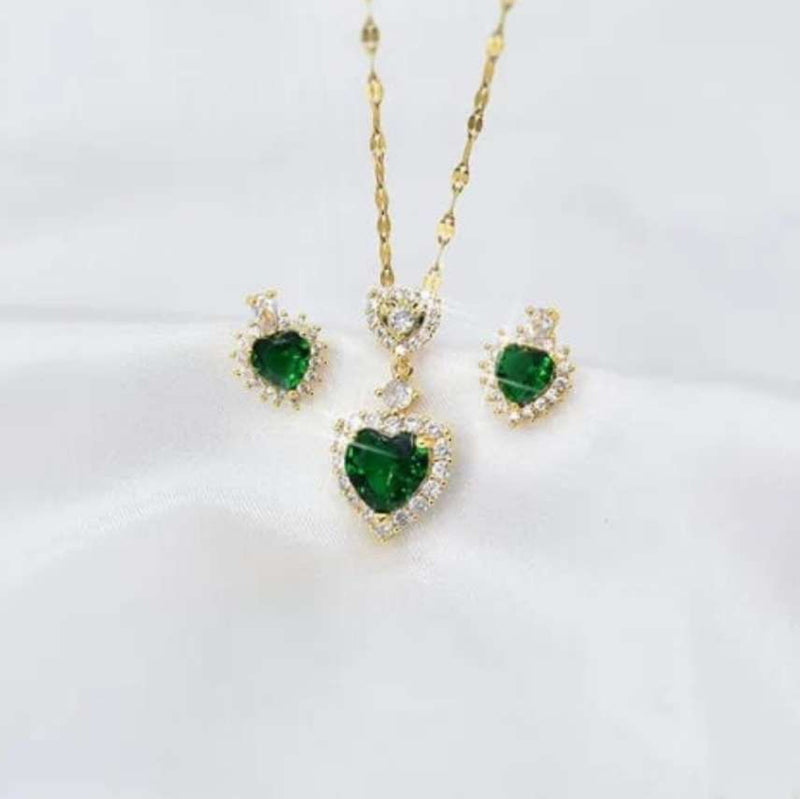 Green Heart-shaped Jewelry Set 2 Pieces B-218880