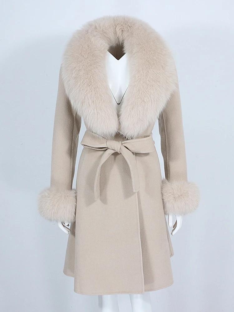 Winter Women Cashmere Wool Blend Coat Long Jacket Belted Natural Fox Fur Collar Cuffs Streetwear