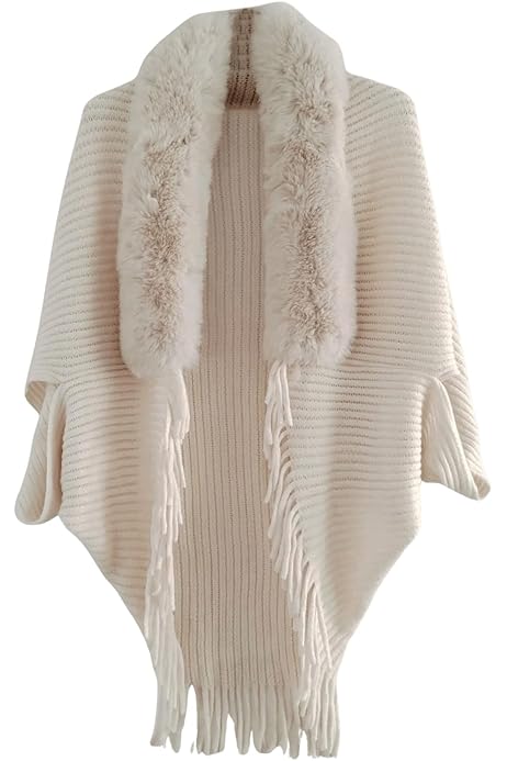 Women Faux Fur Collar Shawl Knitted Winter Capes B-917253 Women Faux Fur Collar Shawl Knitted Winter Capes B-917253