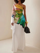 Long Sleeves Loose Asymmetric Flower Print One-Shoulder Maxi Dresses 162749 - TUZZUT Qatar Online Shopping