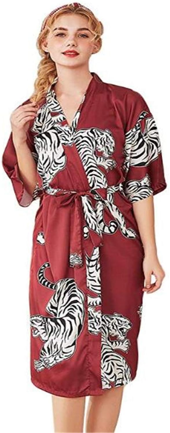 Sexy Lady Long Robe Dress Satin Bathrobe Kimono Geisha Sleepwear Summer Print Nightgown Bridesmaid Brides Wedding Robe Red  S3124757