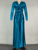 Bodycon Long Sleeves Pleated Split-Front Tied Waist Deep V-Neck Maxi Dresses 138058 - TUZZUT Qatar Online Shopping