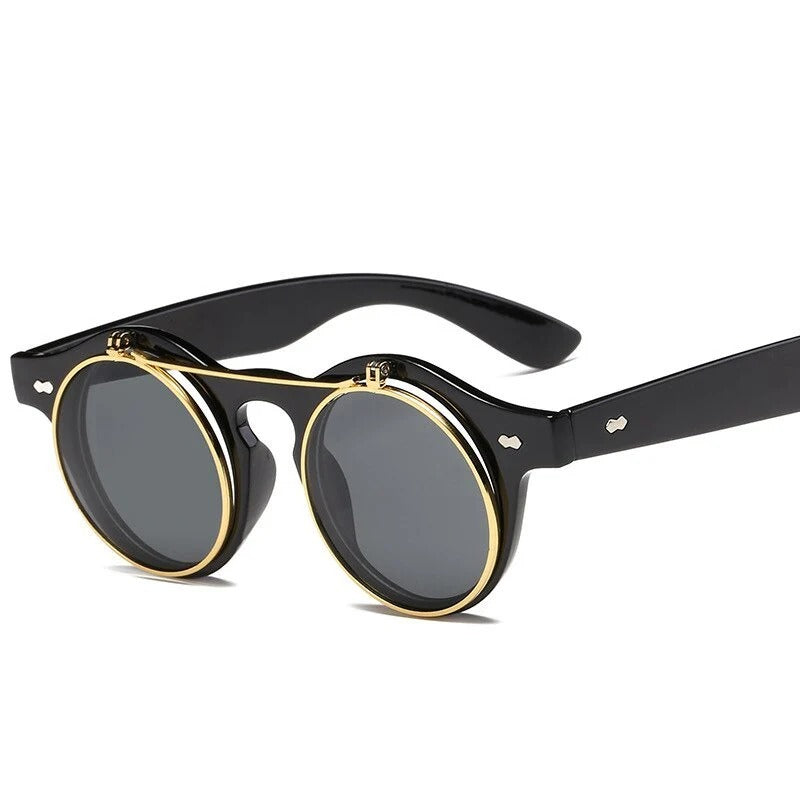 Designer Round Steam Punk Metal Flip Sunglasses S4977 Designer Round Steam Punk Metal Flip Sunglasses S4977