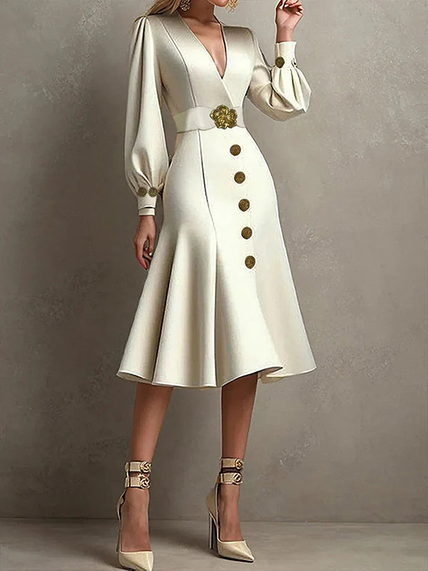 Loose Puff Sleeves Pleated Split-Joint Tied Waist V-Neck Midi Dresses 166824 Loose Puff Sleeves Pleated Split-Joint Tied Waist V-Neck Midi Dresses 166824