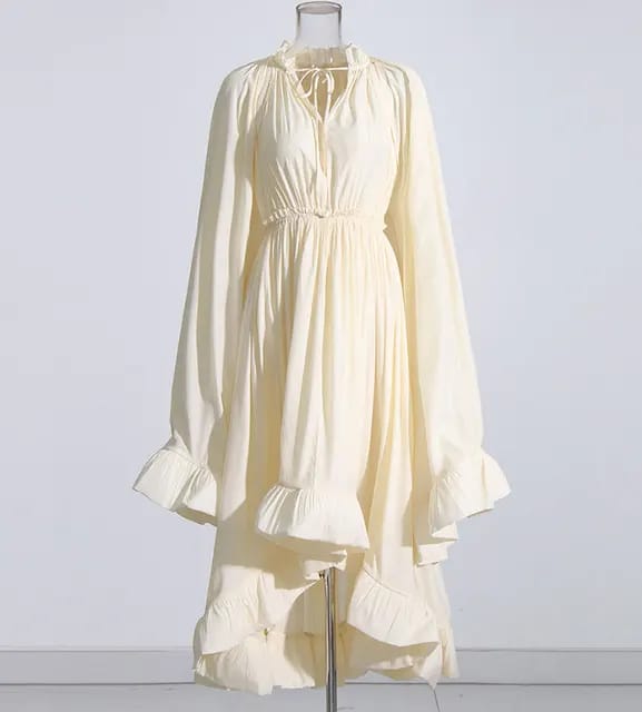 Ruffles Irregular Summer Dresses For Women V Neck Full Sleeves High Waist Spliced Lace Up Loose Folds Long Dress 5MU3UC Ruffles Irregular Summer Dresses For Women V Neck Full Sleeves High Waist Spliced Lace Up Loose Folds Long Dress 5MU3UC