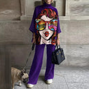 Fashion Art Striped Print Outfits Women Loose O Neck Pullover Tops And Wide Leg Pants Suit Elegant Lady Two Piece Set Tracksuits S2072190 - Tuzzut.com Qatar Online Shopping