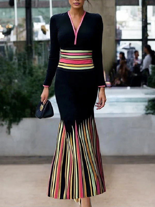 Long Sleeves Skinny Colorful Contrast Color Striped V-Neck Maxi Dresses 174661 Long Sleeves Skinny Colorful Contrast Color Striped V-Neck Maxi Dresses 174661