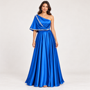 Women’s Royal Blue One-Shoulder Satin Maxi Dress with Rhinestone Trim D-19
