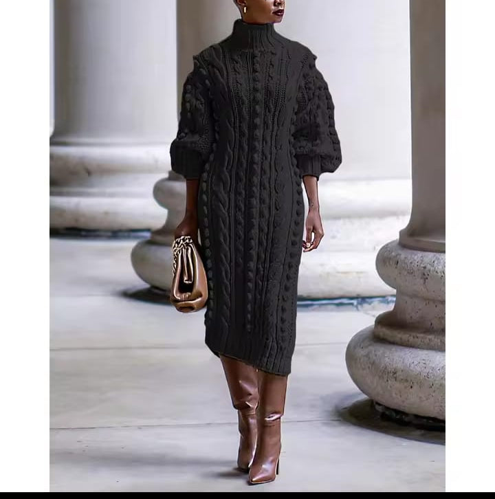 Women High Neck Twist Rope Sleeve Side Slit Knitted Sweater Dress B208773 Women High Neck Twist Rope Sleeve Side Slit Knitted Sweater Dress B208773