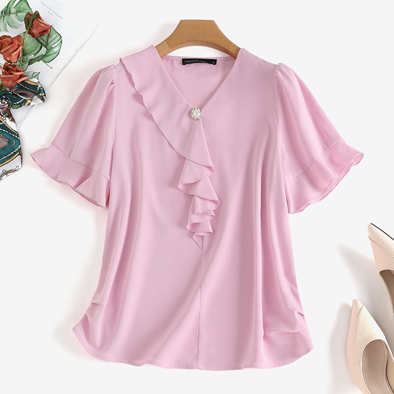 Women Short Sleeve Ruffles Frills Shirt Summer Casual Office Business Blouse Top 4XL S4460657 - Tuzzut.com Qatar Online Shopping
