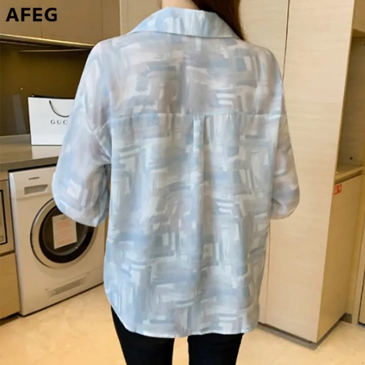 New long-sleeved lapel printed chiffon casual shirt for women L X4601457 - Tuzzut.com Qatar Online Shopping
