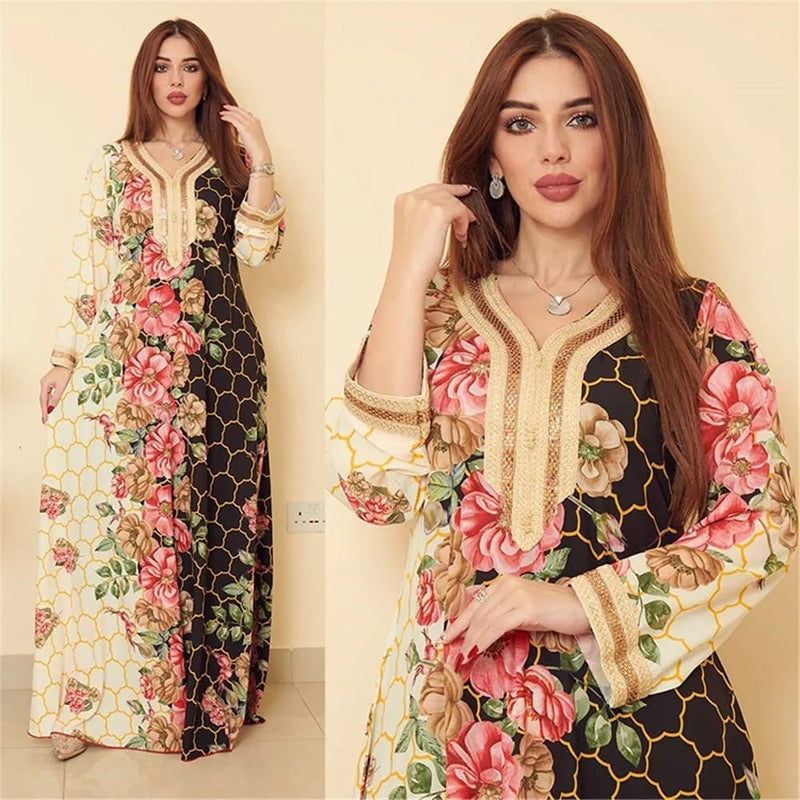 Chic Ethnic Floral Maxi Dress for Women Tape Hotfix Diamond Trim V Neck Long Sleeve Loose Arab Oman Dubai Muslim Abaya XL S4621606 - Tuzzut.com Qatar Online Shopping