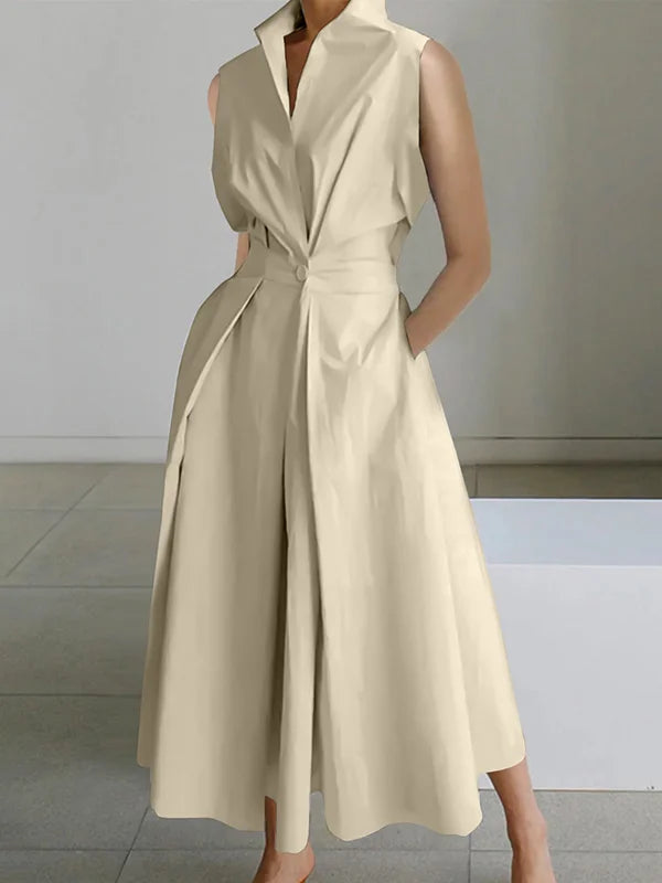 Sleeveless Solid Color Lapel Midi Dresses 116618
