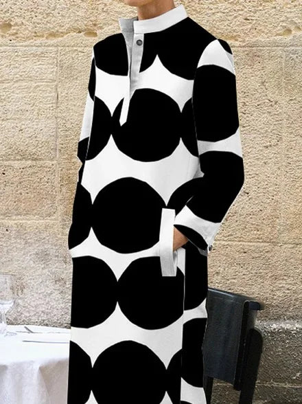 Long Sleeves Loose Polka-Dot Split-Side Stand Collar Midi Dresses S 125795