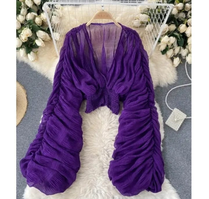Summer Sexy Draped Chiffon Blouse for Women Elegant V-Neck Puff Long Sleeve Short Tops Female Slim Party Shirts   S5015845 - TUZZUT Qatar Online Shopping