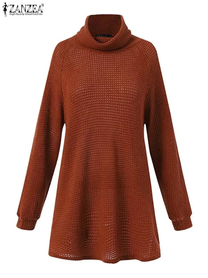 Autumn Solid Tunic Tops ZANZEA Women Turtleneck Long Sleeve Blouse Casual Loose Shirt Female Work Blusas Pullover Mujer Chemise S4449927 - Tuzzut.com Qatar Online Shopping