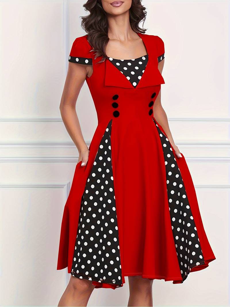 Vintage Patchwork Button Polka Dots Hepburn Printed Dress S4581683 - Tuzzut.com Qatar Online Shopping