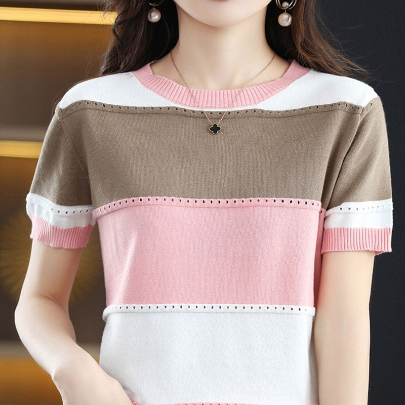 Women's Short Sleeve Color block/ Stitching Color Knit Top 437908
