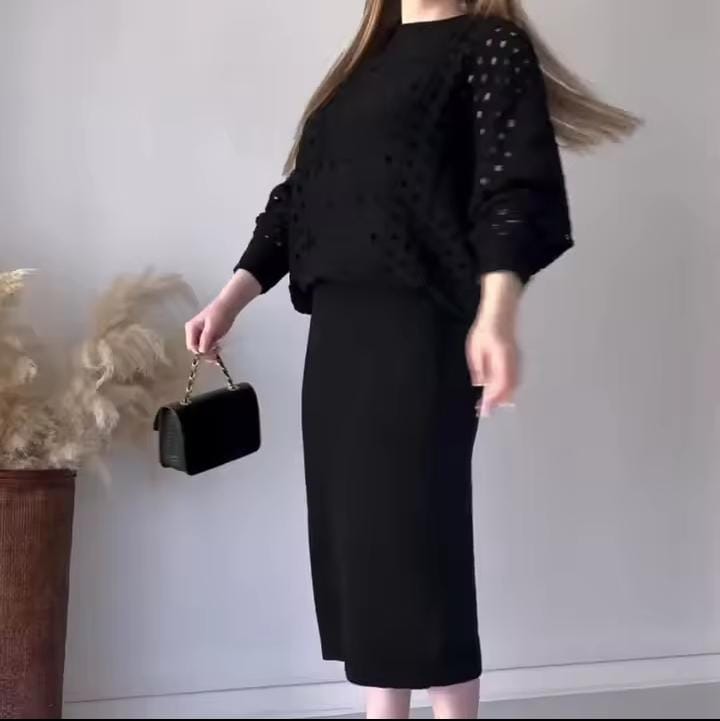 Autumn New Fashionable Solid Color Hollow Round Neck Top Casual Knit Skirt Set European American Cross-border Style B195204 Autumn New Fashionable Solid Color Hollow Round Neck Top Casual Knit Skirt Set European American Cross-border Style B195204