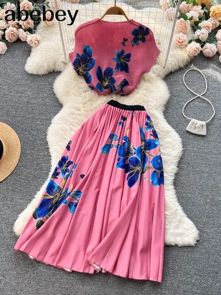 Clothes summer slim bodycon Fold elasticity floral print short sleeve tops designer elegant Pleated skirt two pic dress sets S S4974996