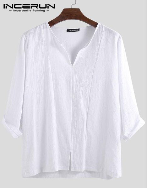 INCERUN Japanese Retro Mens V Neck T Shirt Loose Fit Blouse Holiday Tee Bluses (Korean Style) S1387159 - Tuzzut.com Qatar Online Shopping
