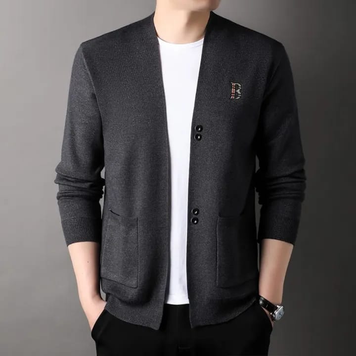 Men's Long Sleeve Knit Grey Cardigan Letter Embroidery OY222 - TUZZUT Qatar Online Shopping