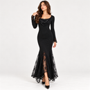 Women's Elegant Black Lace-Up Long Sleeve Maxi Dress with Floral Lace Hem - M