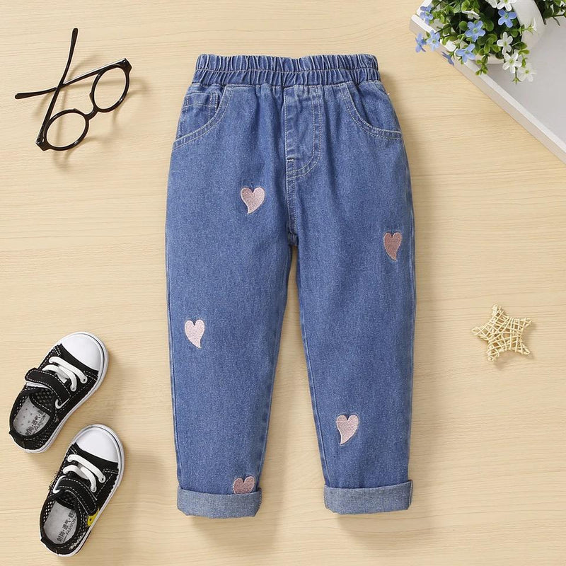 PatPat Toddler Girl Heart Embroidered Elasticized Blue Denim Jeans 3-4 Years 20318501