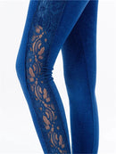 Sport Seamless Leggings Women Fitness Workout High Waist Faux Denim Jean Gym Side Floral Lace Hollow Out Pants Push Up S1696093 - Tuzzut.com Qatar Online Shopping