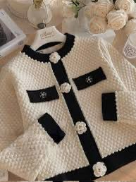 Women's Fashion Two Tone Pearl Beaded Round Neck Knitted Sweater Cardigan Croptop S321890 Women's Fashion Two Tone Pearl Beaded Round Neck Knitted Sweater Cardigan Croptop S321890