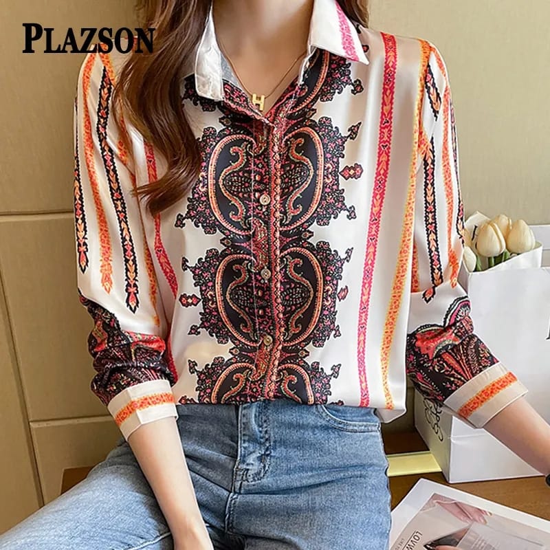 Women's Casual Print Blouses Long Sleeve Top V Neck Elegant Work Blouse Shirt 028032159 2XL