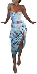 Sexy Blue Dress for Women Printed Midi Pleated Slit Strap Dress Slim Maxi Dresses   519015 - TUZZUT Qatar Online Shopping