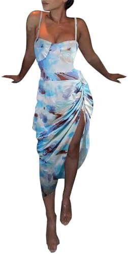 Sexy Blue Dress for Women Printed Midi Pleated Slit Strap Dress Slim Maxi Dresses 519015 Sexy Blue Dress for Women Printed Midi Pleated Slit Strap Dress Slim Maxi Dresses 519015