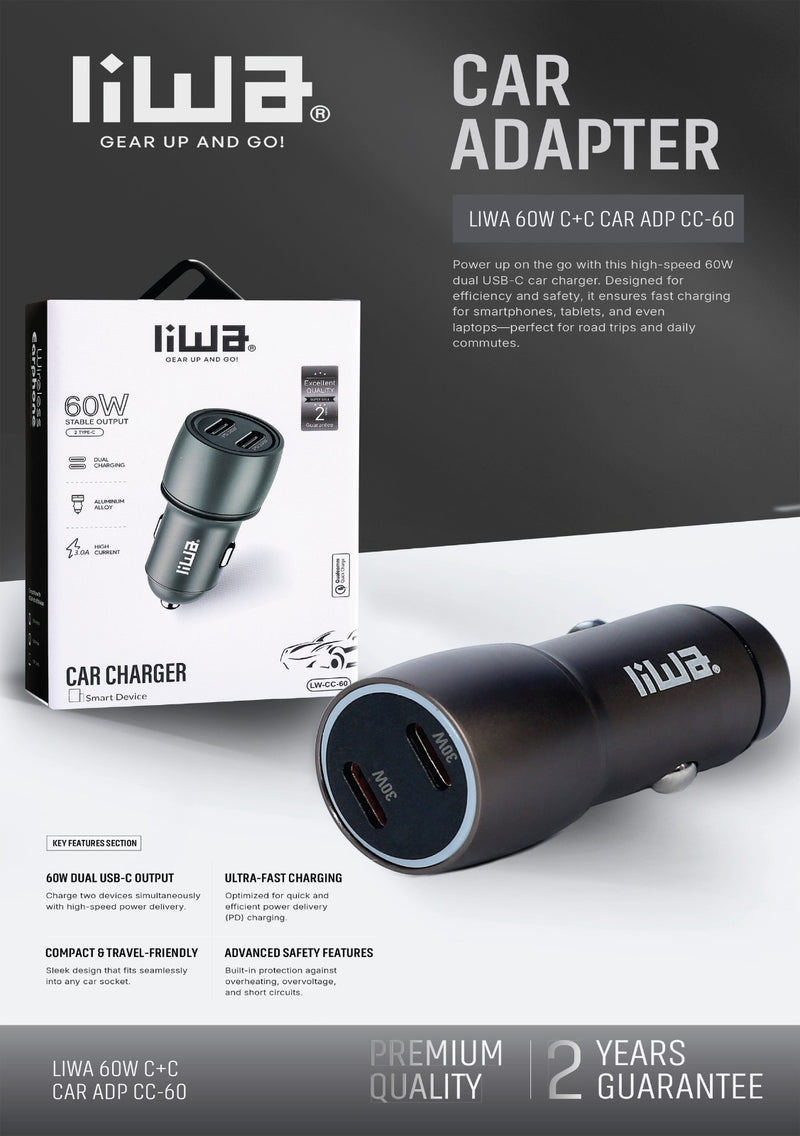 Liwa Car Adapter 60W C+C / LW-CC-60 - TUZZUT Qatar Online Shopping