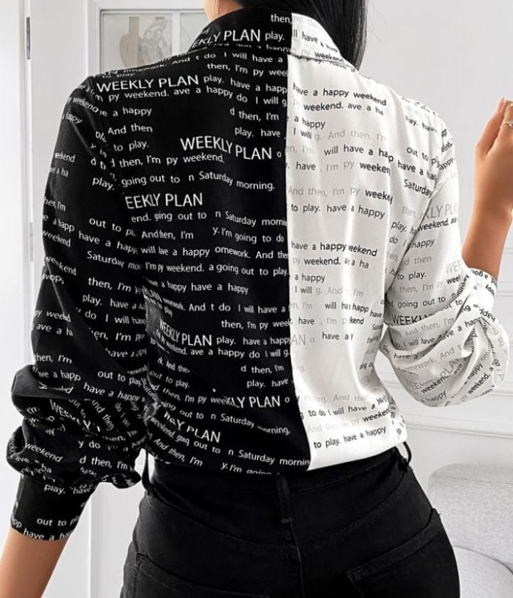 Slim Chiffon Printed Letter Long Sleeve Shirt Top S3929928 Slim Chiffon Printed Letter Long Sleeve Shirt Top S3929928