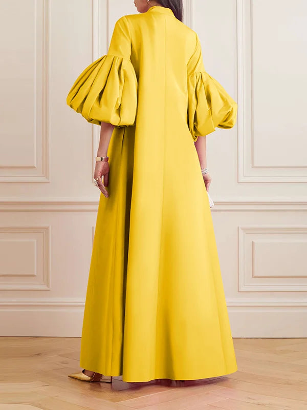 Loose Flower Shape Solid Color Stand Collar Lantern Sleeves Maxi Dresses 126174 Loose Flower Shape Solid Color Stand Collar Lantern Sleeves Maxi Dresses 126174