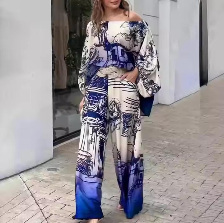 Printed One Shoulder Top and Straight Trousers for Women Vintage Chic Outfit for Lady Monochrome Dolman Sleeves 2 Pieces B305278 Printed One Shoulder Top and Straight Trousers for Women Vintage Chic Outfit for Lady Monochrome Dolman Sleeves 2 Pieces B305278