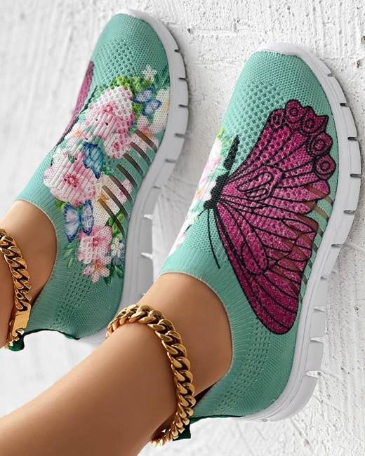 Stylish and Comfortable Women's Butterfly & Flower Print Sneakers S46200 Stylish and Comfortable Women's Butterfly & Flower Print Sneakers S46200