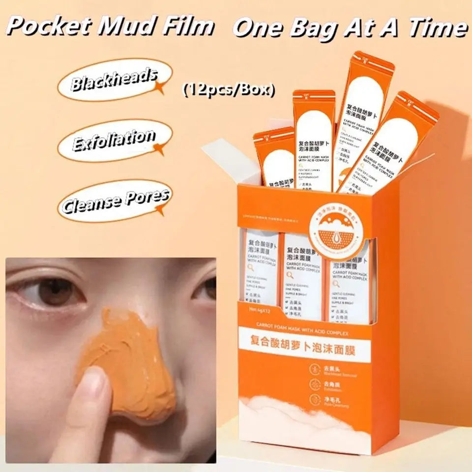 Carrot Foam Mask with Acid Complex Deep Bubble Cleaning Pore Cleansing , Blackhead removal, Exfoliation, Moisturizing (4gm x 12pcs Pack) Carrot Foam Mask with Acid Complex Deep Bubble Cleaning Pore Cleansing , Blackhead removal, Exfoliation, Moisturizing (4gm x 12pcs Pack)