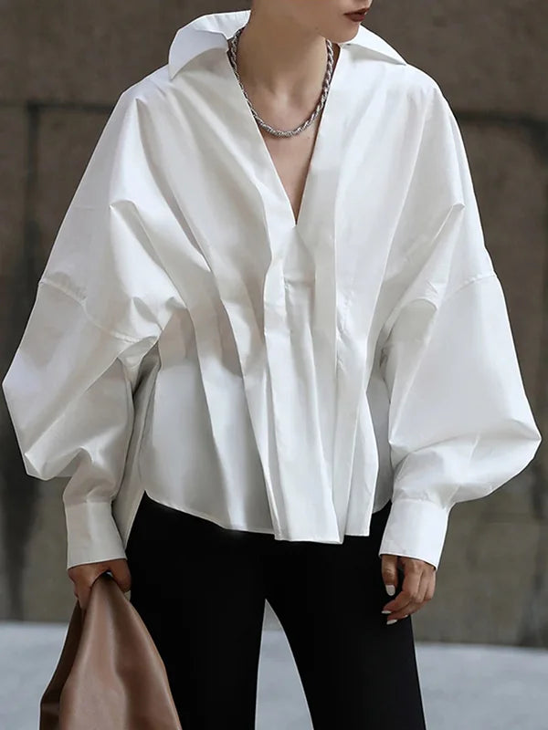 Original Creation Long Sleeves Loose Pleated Solid Color Lapel Collar Blouses&Shirts Tops 108869