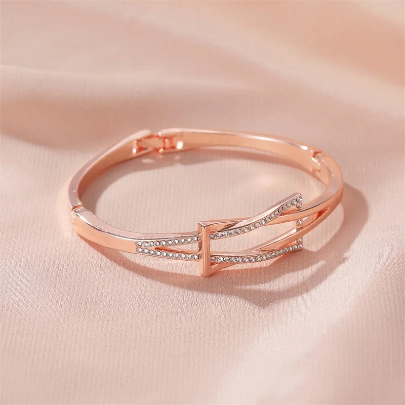 Silver Plated Rose Gold Golden Simple Knot Simple Cross Rhinestone Starry Bling Twining Double Row Round Alloy Bangles for Women - TUZZUT Qatar Online Shopping