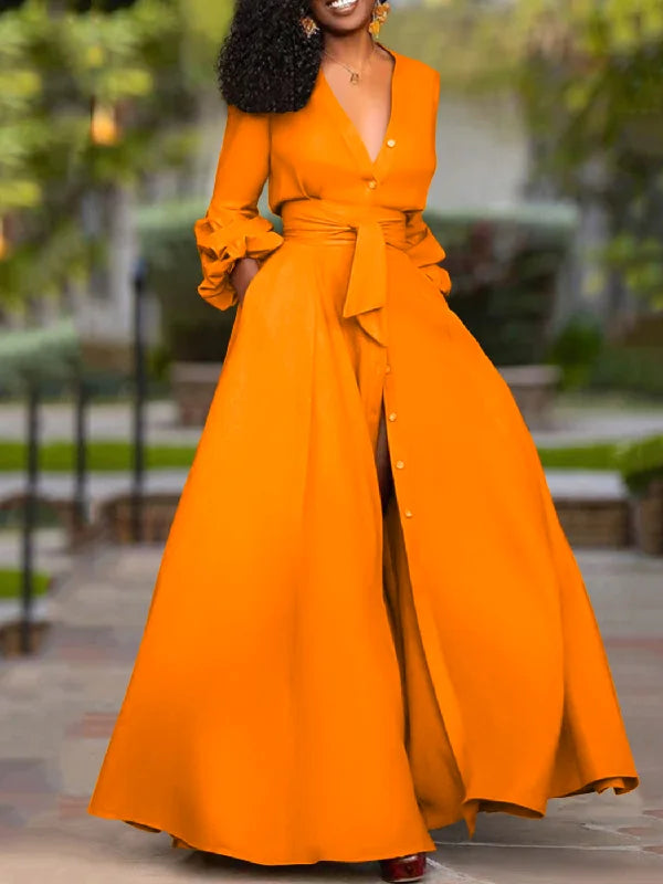 Puff Long Sleeves Buttoned Solid Color Deep V-Neck Maxi Shirt Dresses 115343 Puff Long Sleeves Buttoned Solid Color Deep V-Neck Maxi Shirt Dresses 115343