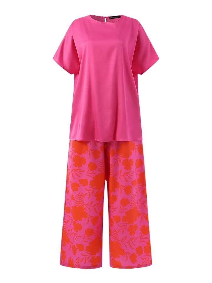 ZANZEA Casual Streetwear Women 2 Piece Set Elegant O-neck Short Sleeved Top With Print Long Pants Suit New Loose Homewear Outfit 4XL S4541872 - Tuzzut.com Qatar Online Shopping