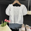 Girls Suit Lace Hollow Shirt Fake Two Denim Shorts   285166 - TUZZUT Qatar Online Shopping