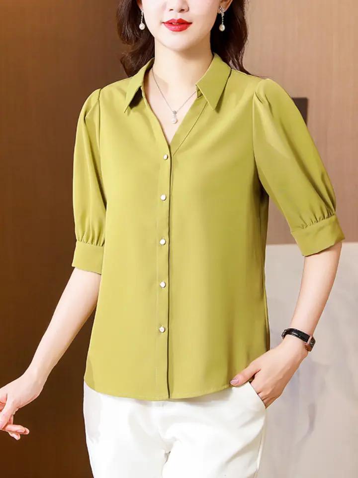 Satin Women Shirts Polo-Neck Solid Short-sleeved Chiffon Women Tops 2022 Summer Korean Fashion Vintage Ladies Top Button Shirt X296675 - Tuzzut.com Qatar Online Shopping