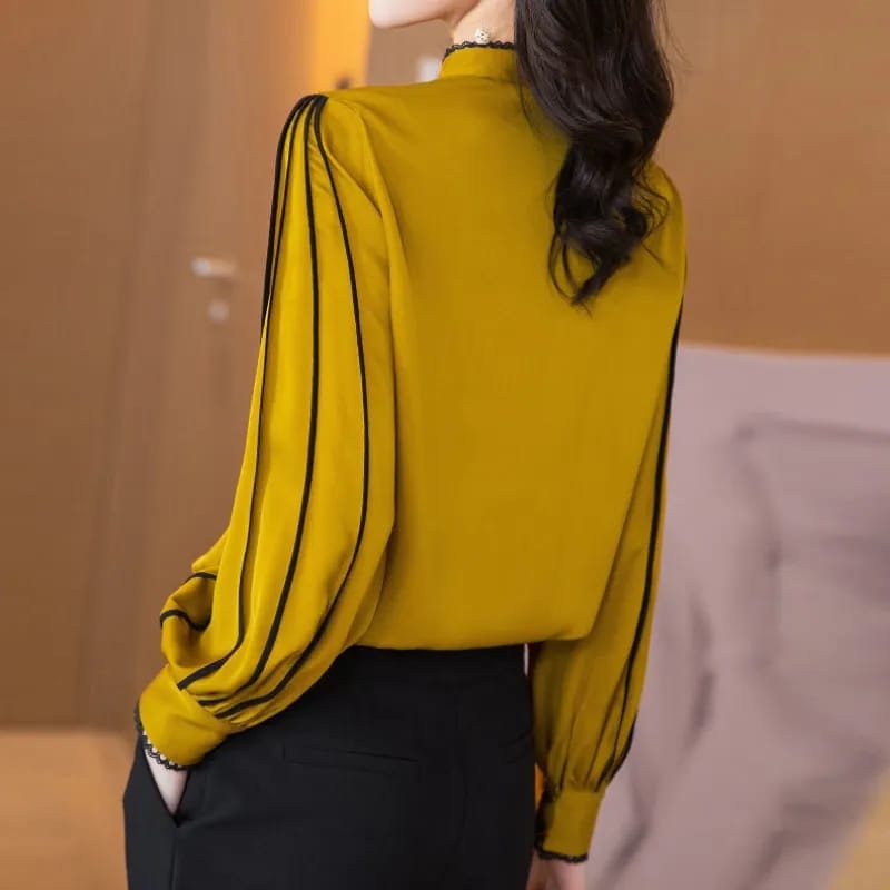 Yellow and Black Real Silk Shirt Spring Autumn Fashion Blouse Long Sleeve Round Neck Elegant Casual Korean Style Clothing 2XL S4853953 - Tuzzut.com Qatar Online Shopping