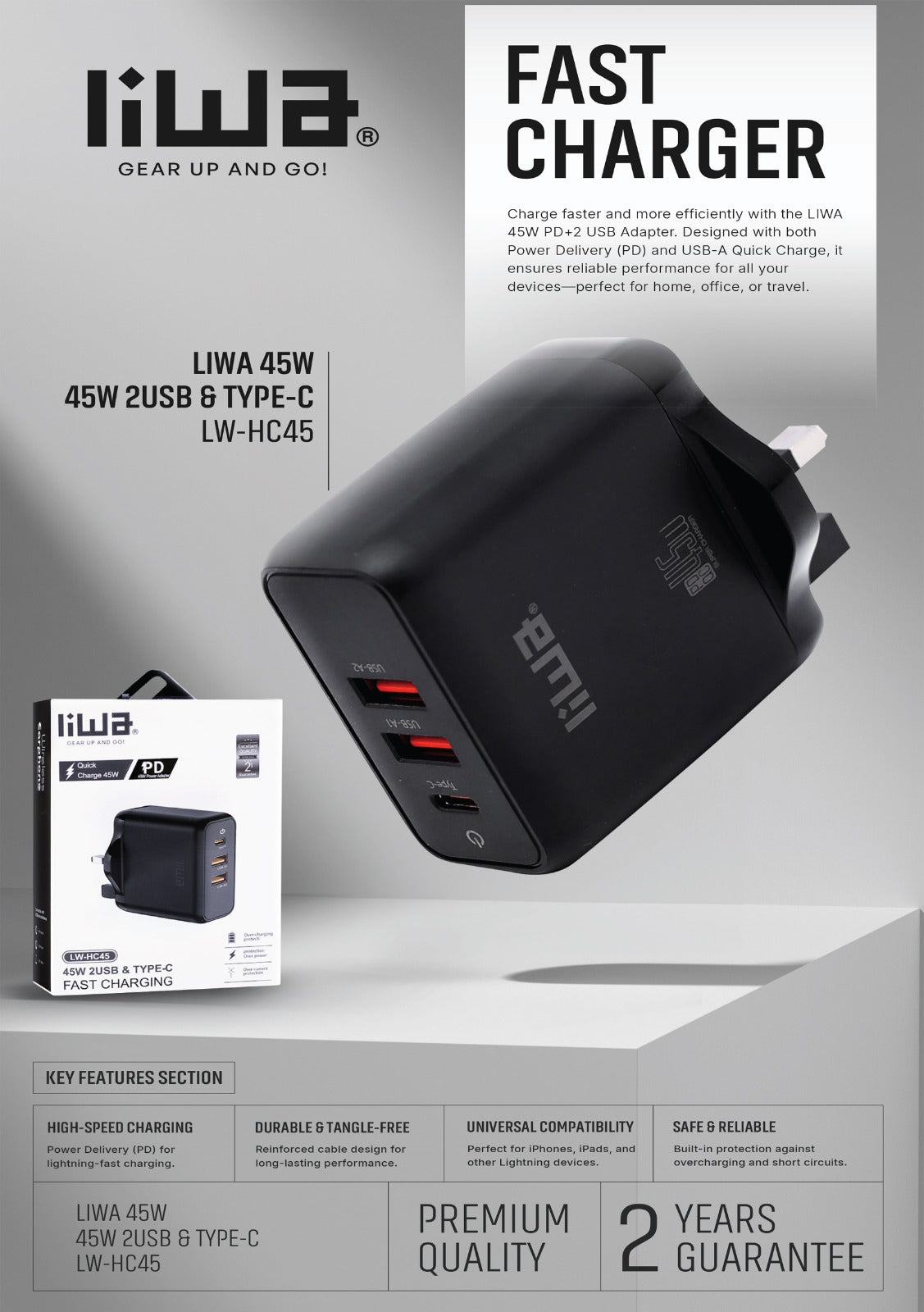Liwa Quick Fast Charger 45W /2USB /Type C /LW-HC45 Liwa Quick Fast Charger 45W /2USB /Type C /LW-HC45