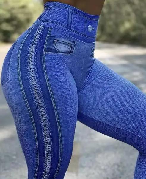 Women Leggings Jeans High Waist Running Sports Faux Denim Slim Fashion Fitness Yoga Pants 2XL S4480998