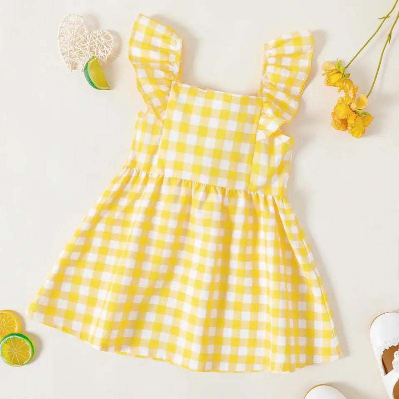 PatPat Toddler Girl Dresses Button Design Lemon Print/Plaid Flutter-sleeve Dress 9-12M 19813197 - Tuzzut.com Qatar Online Shopping